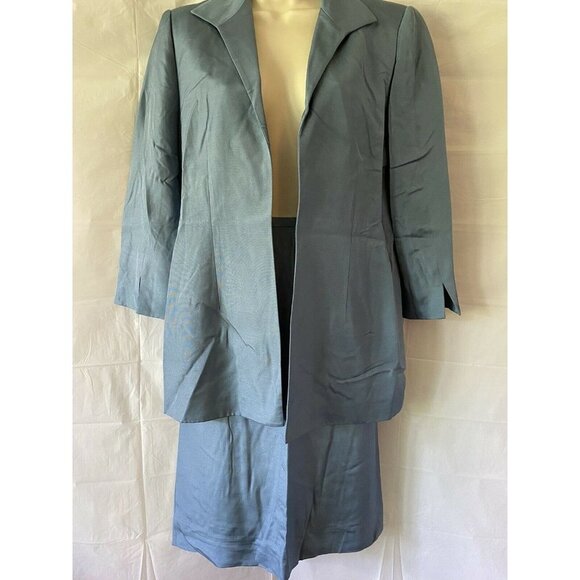Dana Buchman Dresses & Skirts - VTG Y2K Dana Buchman Skirt Suit 8 Blue Silk Wool Blend Open Front Jacket Classic